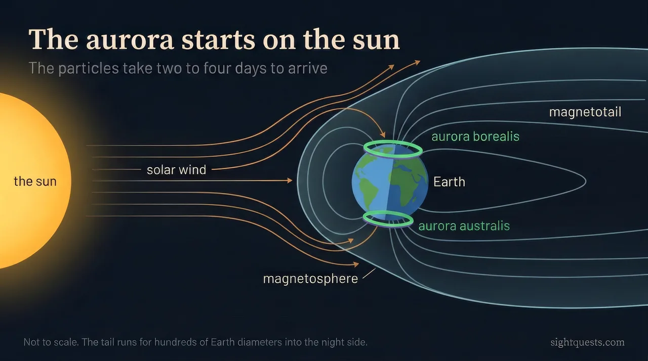 Diagram showing solar wind particles traveling from the sun to Earth's magnetosphere, creating auroras.