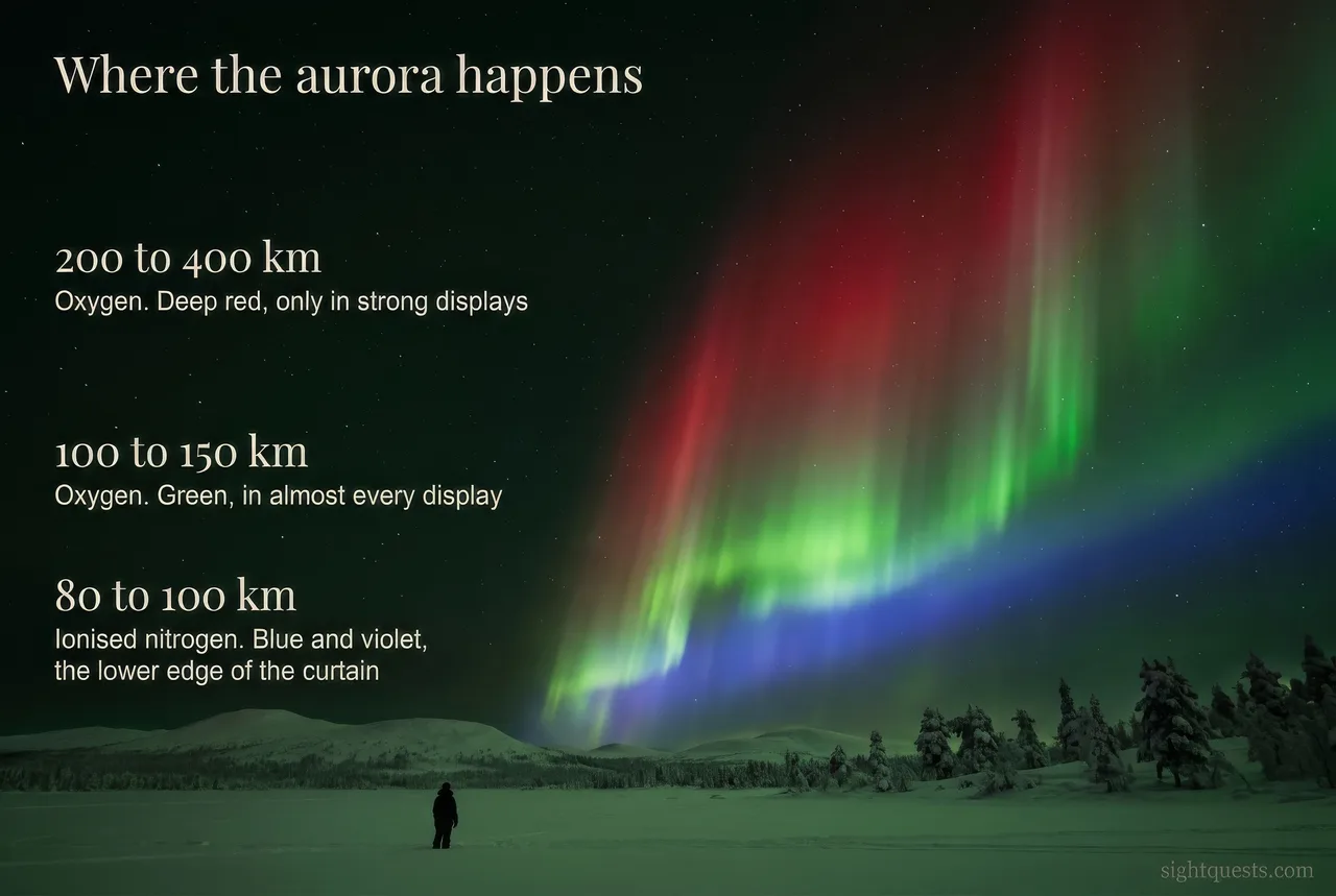 Aurora borealis display showing green, red, and blue layers at different altitudes with silhouetted landscape.