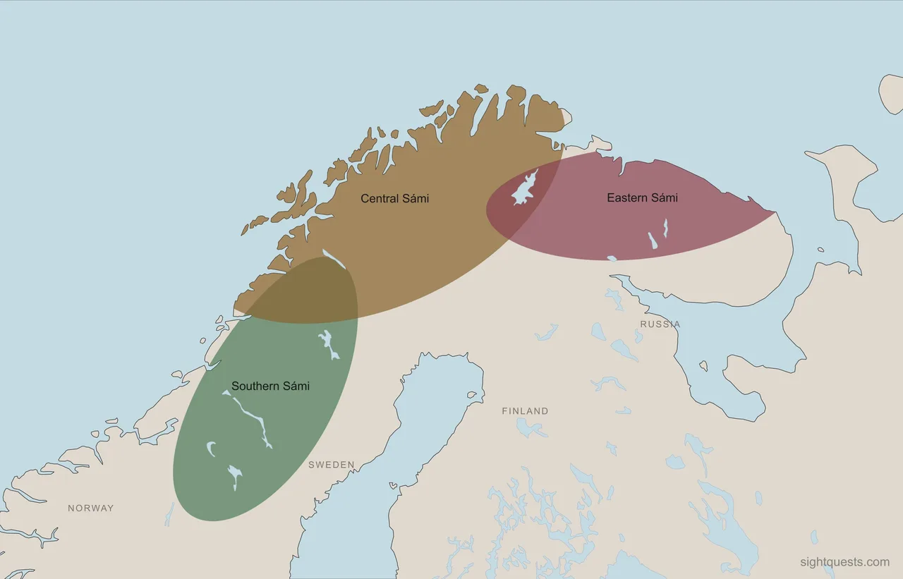 Map showing the traditional territories of the Sámi people across northern Scandinavia and Russia.