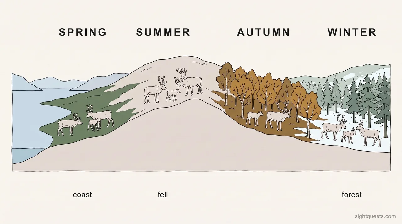 Sámi reindeer herds migrate across seasonal landscapes: coastal spring grounds, fell summer pastures, autumn forests, and winter woodlands.